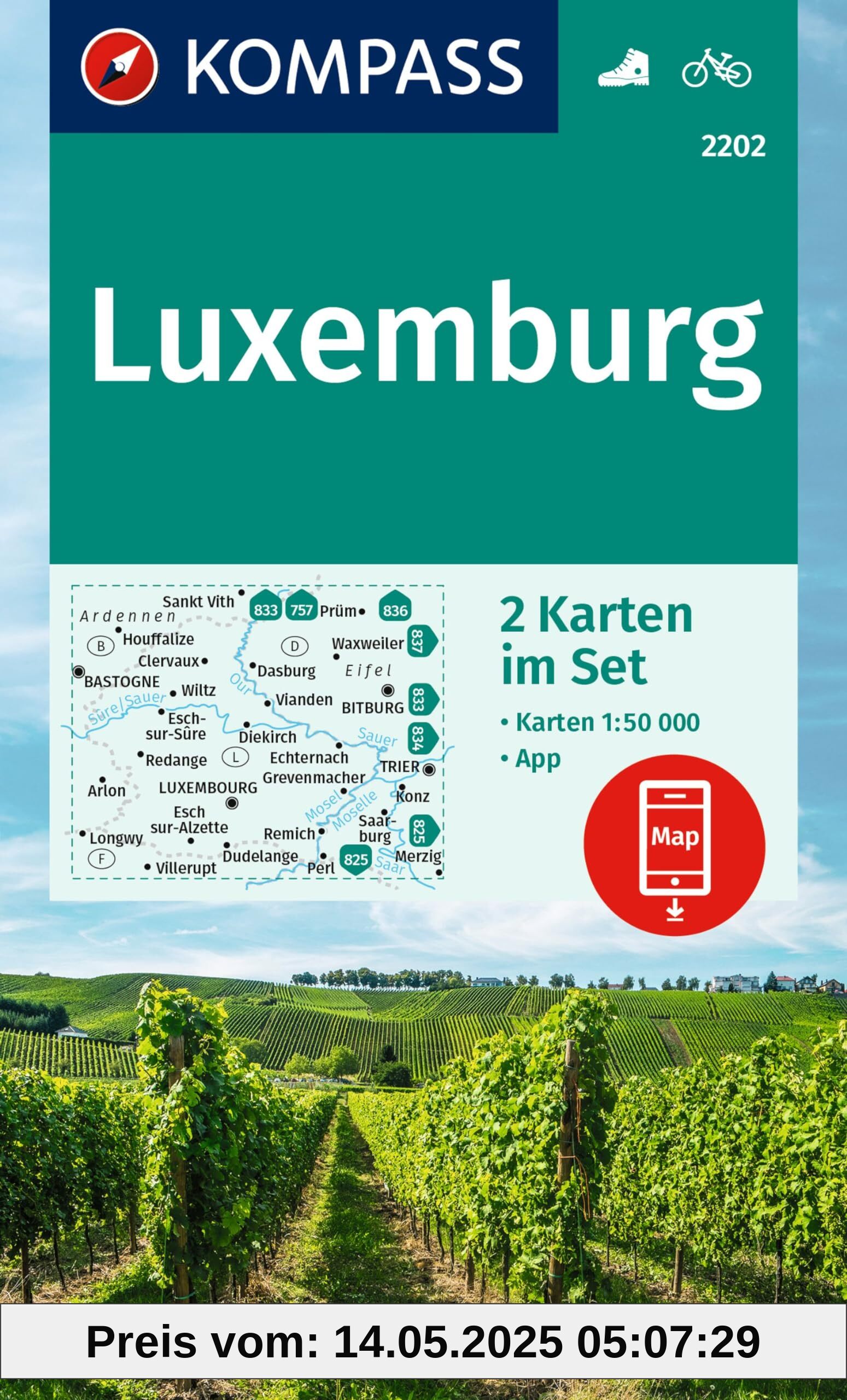 KOMPASS Wanderkarten-Set 2202 Luxemburg (2 Karten) 1:50.000: inklusive Karte zur offline Verwendung in der KOMPASS-App. Fahrradfahren.