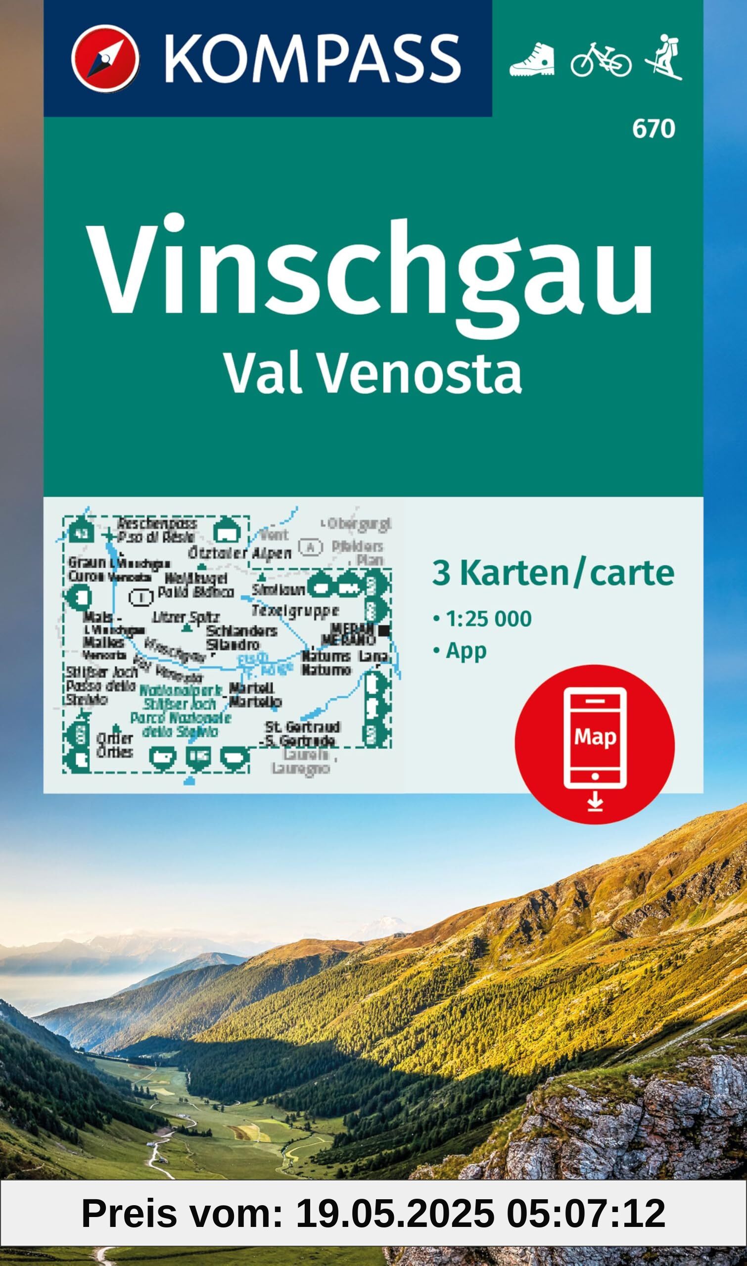 KOMPASS Wanderkarten-Set 670 Vinschgau / Val Venosta (3 Karten) 1:25.000: inklusive Karte zur offline Verwendung in der KOMPASS-App. Fahrradfahren.