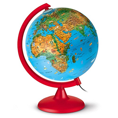 KR 2562 Kinderleuchtglobus: Globus für Kinder, 25 cm Durchm., Kartografie mit Abbildungen, rotes Kunststoffgestell