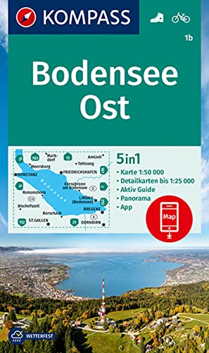 KOMPASS Wanderkarte 1b Bodensee Ost 1:50.000: 5in1 Wanderkarte mit Aktiv Guide, Detailkarten und Panorama inklusive Karte zur offline Verwendung in der KOMPASS-App. Fahrradfahren. von Kompass