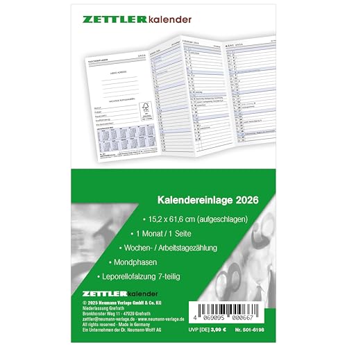 Kalender-Ersatzeinlage 2026 - für den Taschenplaner Leporello Typ 501 - 8,8 x 15,2 cm - 1 Monat auf 1 Seite - separates Adressheft - 501-6198 Kalender-Ersatzeinlage 2026 - für den Taschenplaner Leporello Typ 501 - 8,8 x 15,2 cm - 1 Monat auf 1 Seite - separates Adressheft - 501-6198 von ZETTLER Kalender