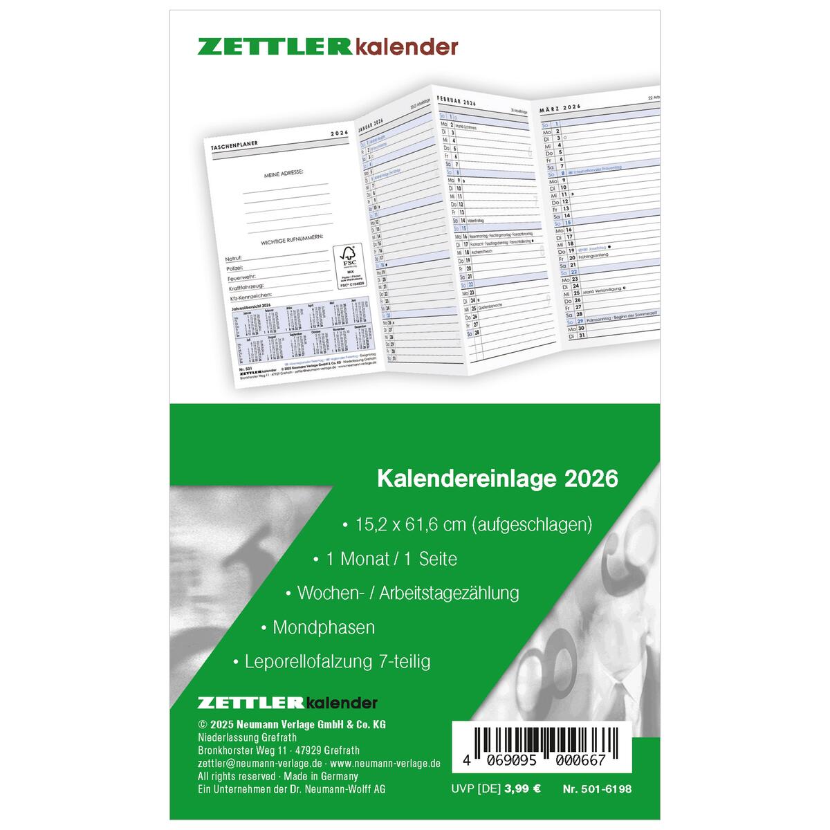 Kalender-Ersatzeinlage 2026 - für den Taschenplaner Leporello Typ 501 - 8,8 x 15... Kalender-Ersatzeinlage 2026 - für den Taschenplaner Leporello Typ 501 - 8,8 x 15... von Neumann Verlage GmbH & Co