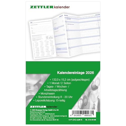 Kalender-Ersatzeinlage 2026 - für den Taschenplaner Leporello Typ 510 - 8,8 x 15,2 cm - 1 Monat auf 2 Seiten - separates Adressheft - 501-6198 Kalender-Ersatzeinlage 2026 - für den Taschenplaner Leporello Typ 510 - 8,8 x 15,2 cm - 1 Monat auf 2 Seiten - separates Adressheft - 501-6198 von ZETTLER Kalender