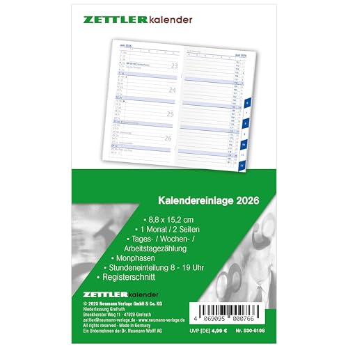 Kalender-Ersatzeinlage 2026 - für den Taschenplaner Typ 530 - 8,8x15,2 cm - 1 Monat auf 2 Seiten - Registerschnitt - separates Adressheft - Notizheft - 530-6198 Kalender-Ersatzeinlage 2026 - für den Taschenplaner Typ 530 - 8,8x15,2 cm - 1 Monat auf 2 Seiten - Registerschnitt - separates Adressheft - Notizheft - 530-6198 von ZETTLER Kalender