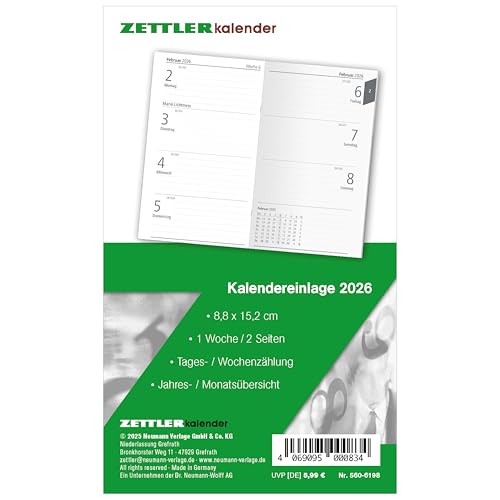 Kalender-Ersatzeinlage 2026 - für den Taschenplaner Typ 560 - 8,8x15,2 cm - 1 Woche auf 2 Seiten - separates Adressheft - Notizheft - 560-6198 Kalender-Ersatzeinlage 2026 - für den Taschenplaner Typ 560 - 8,8x15,2 cm - 1 Woche auf 2 Seiten - separates Adressheft - Notizheft - 560-6198 von ZETTLER Kalender