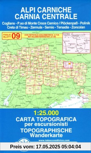 Karnische Alpen: Wanderkarte Tabacco 09. 1:25000 (Cartes Topograh)