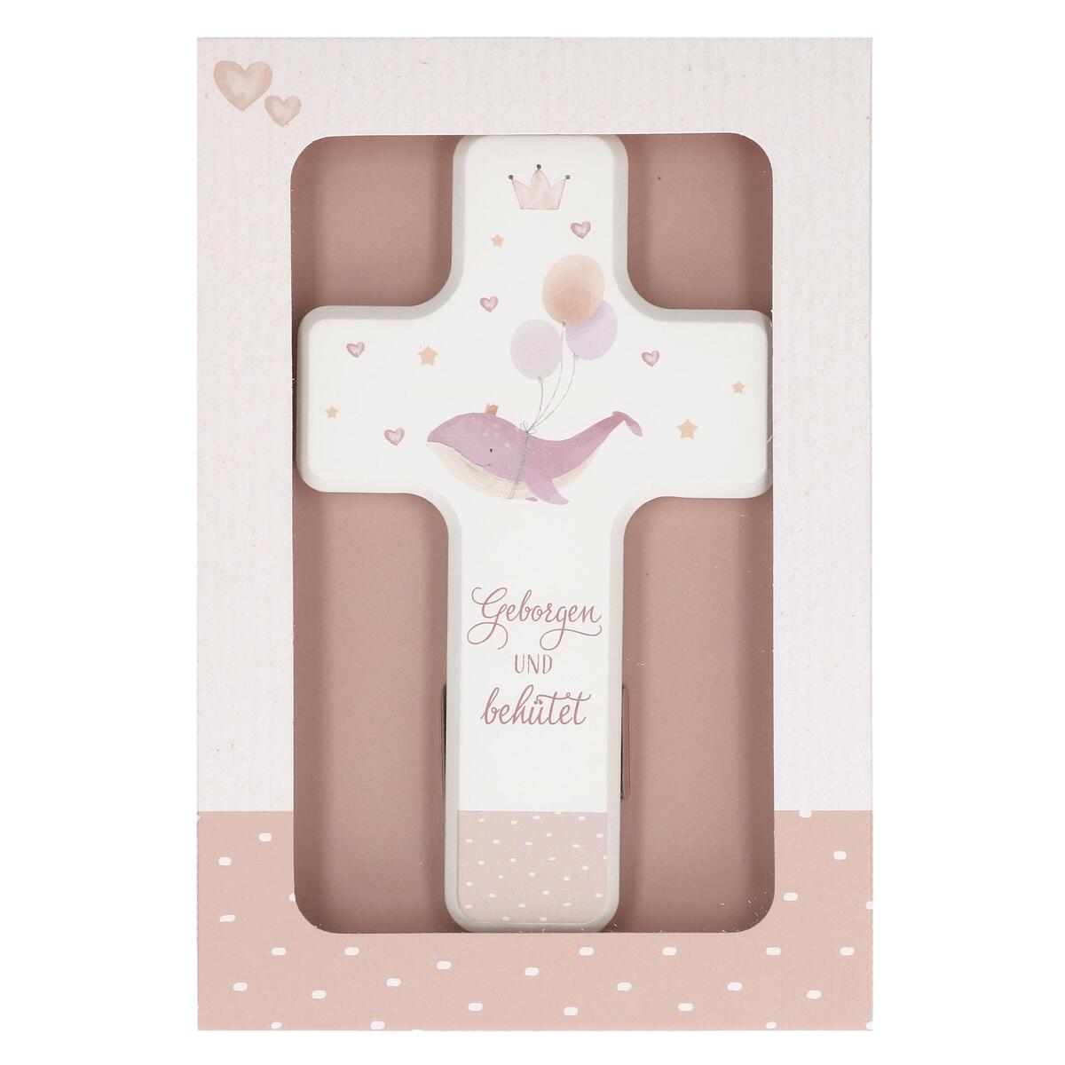 Kinderholzkreuz zur Taufe rosa - Geborgen und behütet (1 Stück) von Butzon und Bercker