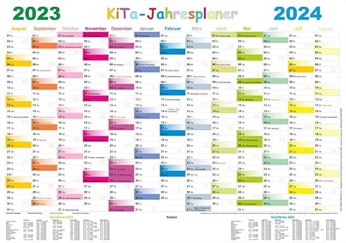 Kita-Jahresplaner 2023/2024-Set, m. 2 Beilage, 2 Teile: Wandplaner 70 x 100 cm, abwaschbar und beschreibbar durch Beschichtung mit Posterschienen und Non-Permanent-Stift von E & Z-Verlag