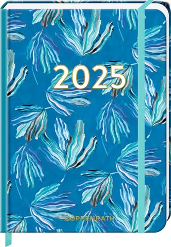 Kleiner Wochenkalender: Mein Jahr 2025 - Blätter blau (All about blue): Taschenkalender mit Wochenplaner und Eintragmöglichkeiten, mit Gummiverschluss und Leseband