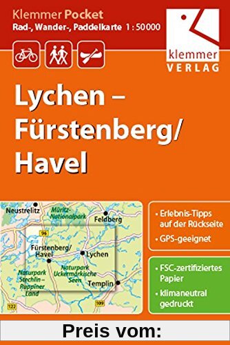 Klemmer Pocket Rad-, Wander- und Paddelkarte Lychen - Fürstenberg/Havel: Maßstab 1:50.000, GPS geeignet, Freizeit-Tipps auf der Rückseite