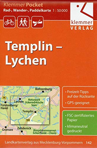 Klemmer Pocket Rad-, Wander- und Paddelkarte Templin - Lychen: Maßstab 1:50.000, GPS geeignet, Freizeit-Tipps auf der Rückseite