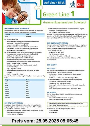 Klett Green Line 1 G8 und G9 Klasse 5 - Auf einen Blick: Grammatik passend zum Schulbuch