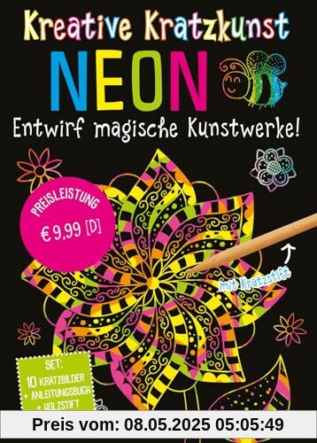 Kratzbilder für Kinder: Kreative Kratzkunst: Neon: Set mit 10 Kratzbildern, Anleitungsbuch und Holzstift | Kreativer Spaß mit Kratzbildern für Kinder ab 5 Jahren