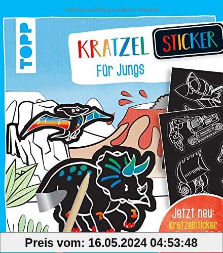 Kratzel-Stickerbuch für Jungs: Kratzelbuch mit über 60 Stickern zum Kratzeln, 20 Ausmalseiten und Holz-Kratzstift.