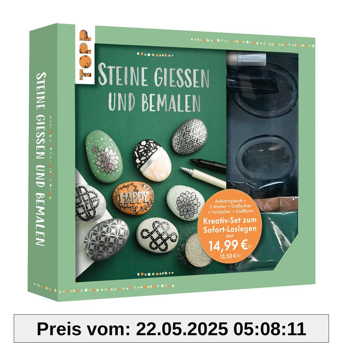 Kreativ-Set - Steine gießen: Buch (32 S., DIN A5, Softcover), Gießform, weißes Gießpulver, Farbpulver in Grün, Orange, Schwarz, Acrylmarker in Silber und Schwarz