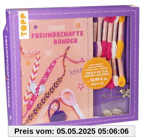 Kreativ-Set Zuckersüße Freundschaftsbänder. Mit Anleitungsbuch und Material: Anleitungsbuch, Knüpfgarn in 5 Farben (100% Baumwolle), Bändchenhalter, Anhänger in Herzform