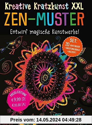 Kreative Kratzkunst XXL: ZEN-Muster: Set mit 20 Kratztafeln, Mappe, Anleitungsbuch und Holzstift