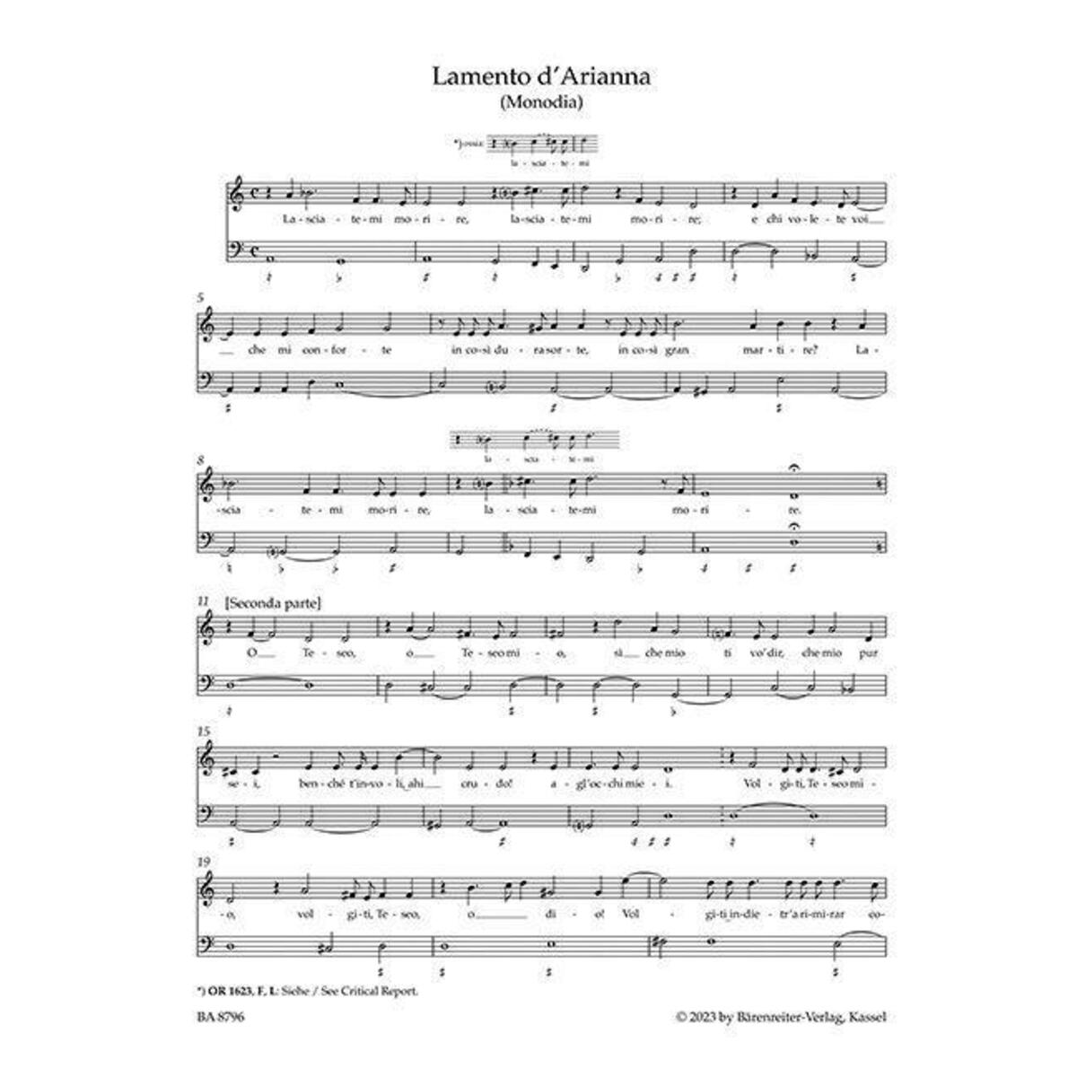 Lamento d&#039;Arianna (Fassungen für Solostimme und Basso continuo) von Baerenreiter-Verlag