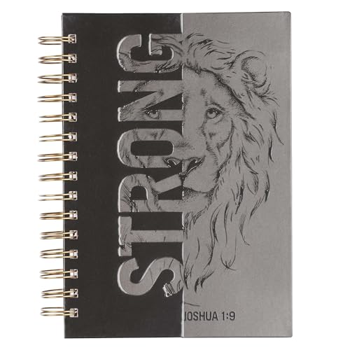 Christian Art Gifts Journal W/Scripture Strong Lion Joshua 1:9, Black and Gray 192 Ruled Pages, Large Hardcover Notebook, Wire Bound