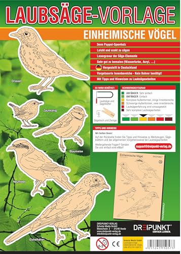 Laubsägevorlage Einheimische Vögel: Laubsägevorlage für fünf einheimische Singvögel aus hochwertigem 3mm Pappelsperrholz.