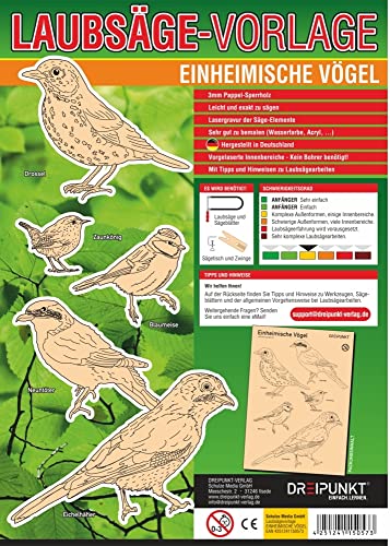 Laubsägevorlage Einheimische Vögel: Laubsägevorlage für fünf einheimische Singvögel aus hochwertigem 3mm Pappelsperrholz. Laubsägevorlage Einheimische Vögel: Laubsägevorlage für fünf einheimische Singvögel aus hochwertigem 3mm Pappelsperrholz.