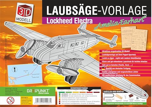 Laubsägevorlage Lockheed Electra: Laubsägevorlage für eine zweimotorige Lockheed Electra "Amelia Earhart" aus hochwertigem 3mm Pappelsperrholz. Laubsägevorlage Lockheed Electra: Laubsägevorlage für eine zweimotorige Lockheed Electra "Amelia Earhart" aus hochwertigem 3mm Pappelsperrholz.
