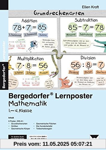 Lernposter Mathematik 1.-4. Klasse: 6 Poster für den Klassenraum (Bergedorfer® Lernposter)