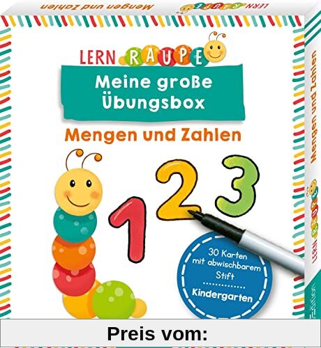 Lernraupe – Meine große Übungsbox Mengen und Zahlen: 30 Karten mit abwischbarem Stift | Rätsel und Übungen für Kinder ab 3 Jahren