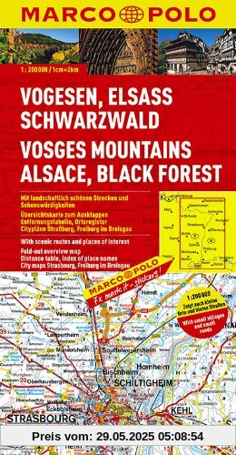 MARCO POLO Karte Vogesen, Elsass, Schwarzwald 1:200.000: Mit landschaftlich schönen Strecken und Sehenswürdigkeiten. Übersichtskarte zum Ausklappen, ... Citypläne Straßburg, Freiburg im Breisgau