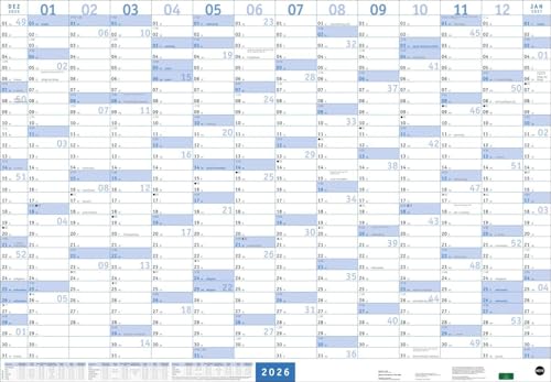 Mega-Posterplaner, blau 2026: Großer Jahresplaner in blau. Wandkalender 2026 zum Eintragen. XXL Büro-Kalender mit Ferienterminen und Feiertagen. 68 x 98 cm (Bürokalender Heye) von Heye