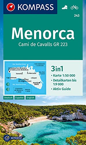 KOMPASS Wanderkarte 243 Menorca 1:50.000: 3in1 Wanderkarte mit Aktiv Guide und Detailkarten bis 1:9000. Fahrradfahren.