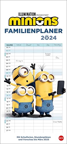 Minions Familienplaner 2024. Familienkalender mit 5 Spalten. Wandkalender mit Schulferien und Stundenplänen. von Heye