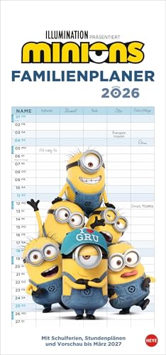 Minions Familienplaner 2026: Familienkalender mit 5 Spalten. Wandkalender mit Schulferien und Stundenplänen. (Kino-Entertainment Kalender Heye) von Heye
