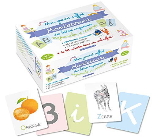 Mon grand coffret Montessori lettres rugueuses: Majuscules et cursives. Avec 104 lettres rugueuses, 26 cartes images, 10 cartes chiffrées + 10 activités