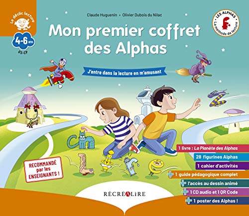 Mon premier coffret des Alphas : J'entre dans la lecture en m'amusant. Contient : 1 livre, 28 figurines, 1 cahier d'activités, 1 guide pédagogique, l'accès au dessin animé, 1 poster (1CD audio)