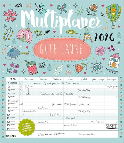 Multiplaner - Gute Laune 2026: Familienplaner, 7 breite Spalten. Großer Familienkalender mit Ferienterminen, extra Spalte, Vorschau bis März 2027 und Datumsschieber. Format: 40x46 cm von Korsch Verlag