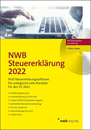 NWB Steuererklärung 2022 – 2-Platz-Lizenz: Profi-Steuererklärungssoftware. Für den VZ 2022. Mit Buchführung 2023 für EÜR. 7 Jahre Elster-Schnittstellen-Support. CD-Version. von NWB Verlag