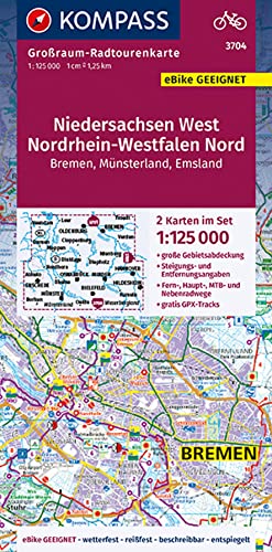 KOMPASS Großraum-Radtourenkarte 3704 Niedersachsen West, Nordrhein-Westfalen Nord 1:125.000: Bremen, Münsterland, Emsland, 2 Karten im Set, reiß- und wetterfest, GPX-Daten zum Download von Kompass