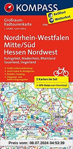 Nordrhein-Westfalen Mitte/Süd - Hessen Nordwest: Großraum-Radtourenkarte 1:125000, GPX-Daten zum Download (KOMPASS-Großraum-Radtourenkarte, Band 3706)