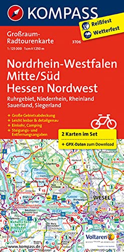 KOMPASS Großraum-Radtourenkarte 3706 Nordrhein-Westfalen Mitte/Süd, Hessen Nordwest 1:125.000: 2 Karten im Set, reiß- und wetterfest, GPX-Daten zum Download