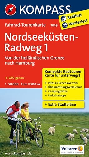 KOMPASS Fahrrad-Tourenkarte Nordseeküstenradweg 1, von der holländischen Grenze nach Hamburg, 1:50.000: Leporello Karte, reiß- und wetterfest