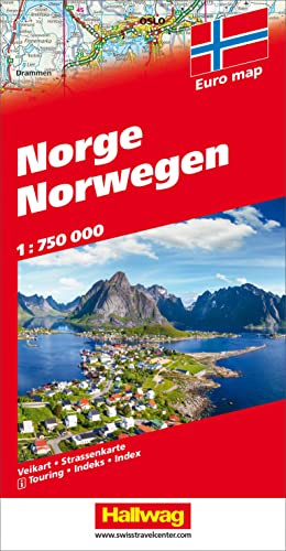 Norwegen Strassenkarte, 1:750 000: Transitpläne, Reiseinformationen, Distanzentabelle, Index, doppelseitig: mit Index (Hallwag Strassenkarten)