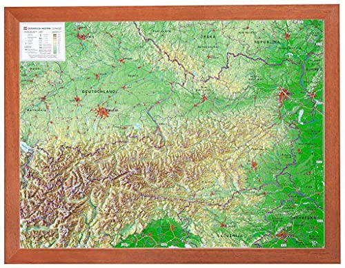 Österreich 1:1.6MIO mit Rahmen: Reliefkarte Österreich klein mit Holzrahmen: Tiefgezogenes Kunststoffrelief von georelief Vertriebs GbR
