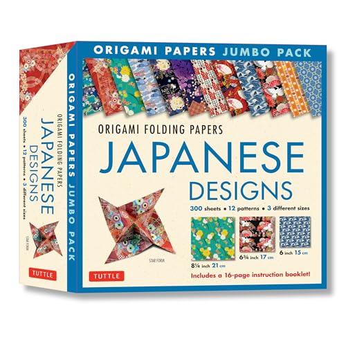 Origami Folding Papers Jumbo Pack Japanese Designs: 300 Origami Folding Papers in 3 Sizes: 300 Origami Papers in 3 Sizes (6 inch; 6 3/4 inch and 8 1/4 inch) and a 16-page Instructional Origami Book