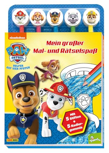 PAW Patrol: Mein großer Mal- und Rätselspaß: Rätselblock mit 5 Stiften und 5 Radiergummis von Panini