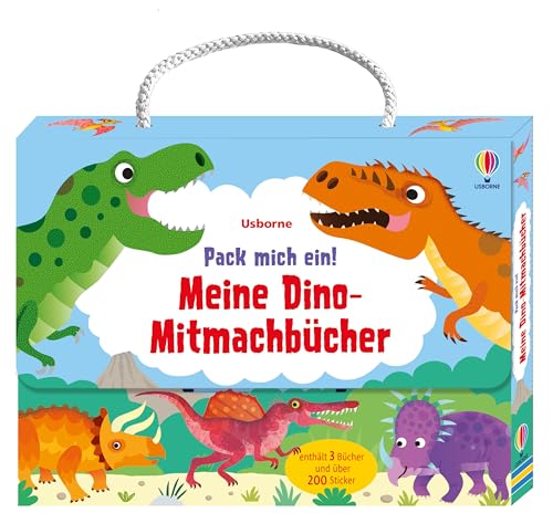 Pack mich ein! Meine Dino-Mitmachbücher: Koffer mit drei Mitmachbüchern zum Thema Dinosaurier – ausmalen, stickern und rätseln – ab 3 Jahren von Usborne Publishing