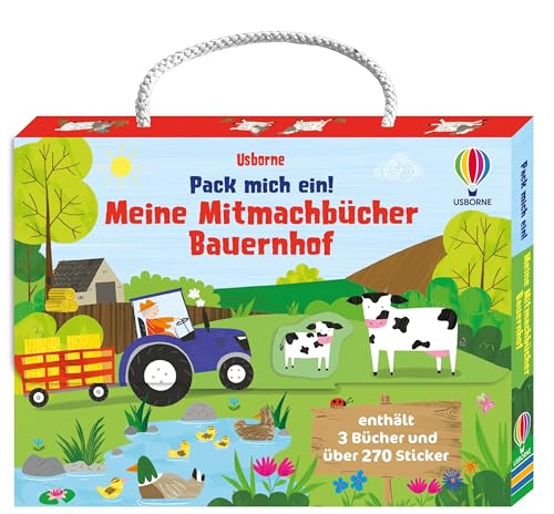 Pack mich ein! Meine Mitmachbücher: Bauernhof: Koffer mit drei Mitmachbüchern zum Thema Bauernhof – ausmalen, stickern und rätseln – mit über 270 ... ab 3 Jahren (Pack-mich-ein-Mitmachbücher) von Usborne Publishing