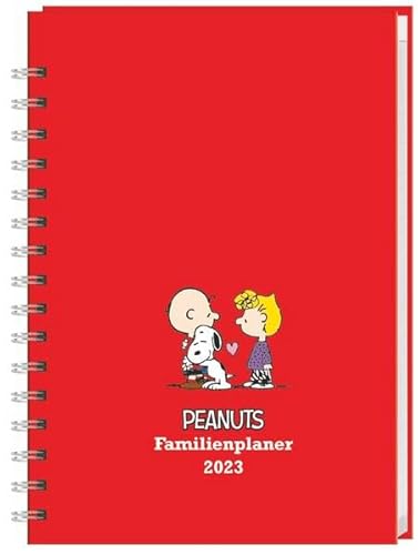 Peanuts Familienplaner Buch A5 2023 - Kalenderbuch - Taschenkalender mit 5 Namensspalten, Einstecktasche, Lineal, Schulferien - 160 Seiten - 15,2 x 23,2 cm