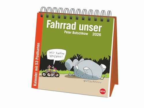 Peter Butschkow: Fahrrad unser Premium-Postkartenkalender 2026: Kleiner Kalender zum Aufstellen mit wöchentlichem Cartoon als Postkarte zum Sammeln und Verschicken. (Postkartenkalender Heye) von Heye