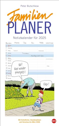 Peter Butschkow: Familienplaner 2025: Cartoon-Familienkalender mit 5 Spalten. Humorvoll illustrierter Familien-Wandkalender mit Schulferien und Stundenplänen. (Familienplaner Heye) von Heye